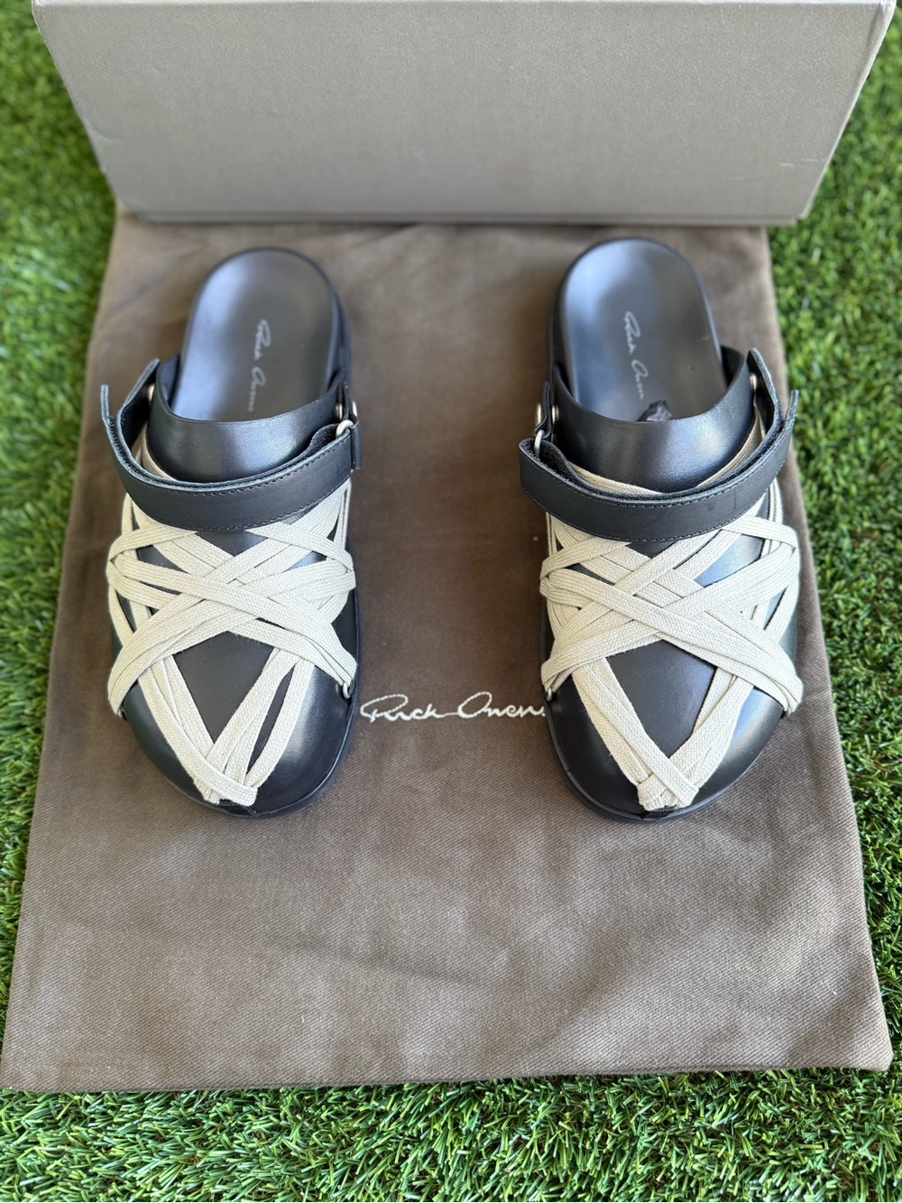 Rick Owens Mens Black Leather Slide Sandals with Cream Straps